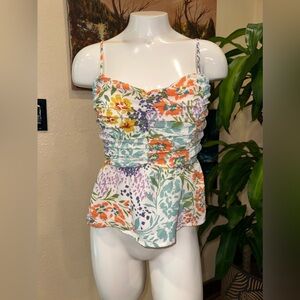 EUC SWEET LEMON Ivory Multicolored Floral Ruched Front Woven Tank SZ S
